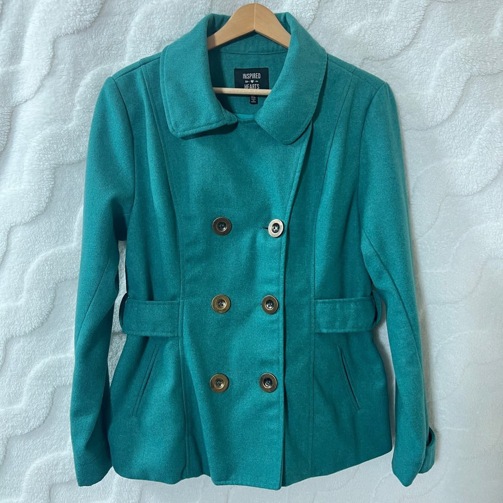 Inspired Hearts Teal Peacoat Double Breasted Retro Mod Street Belted Women's XL